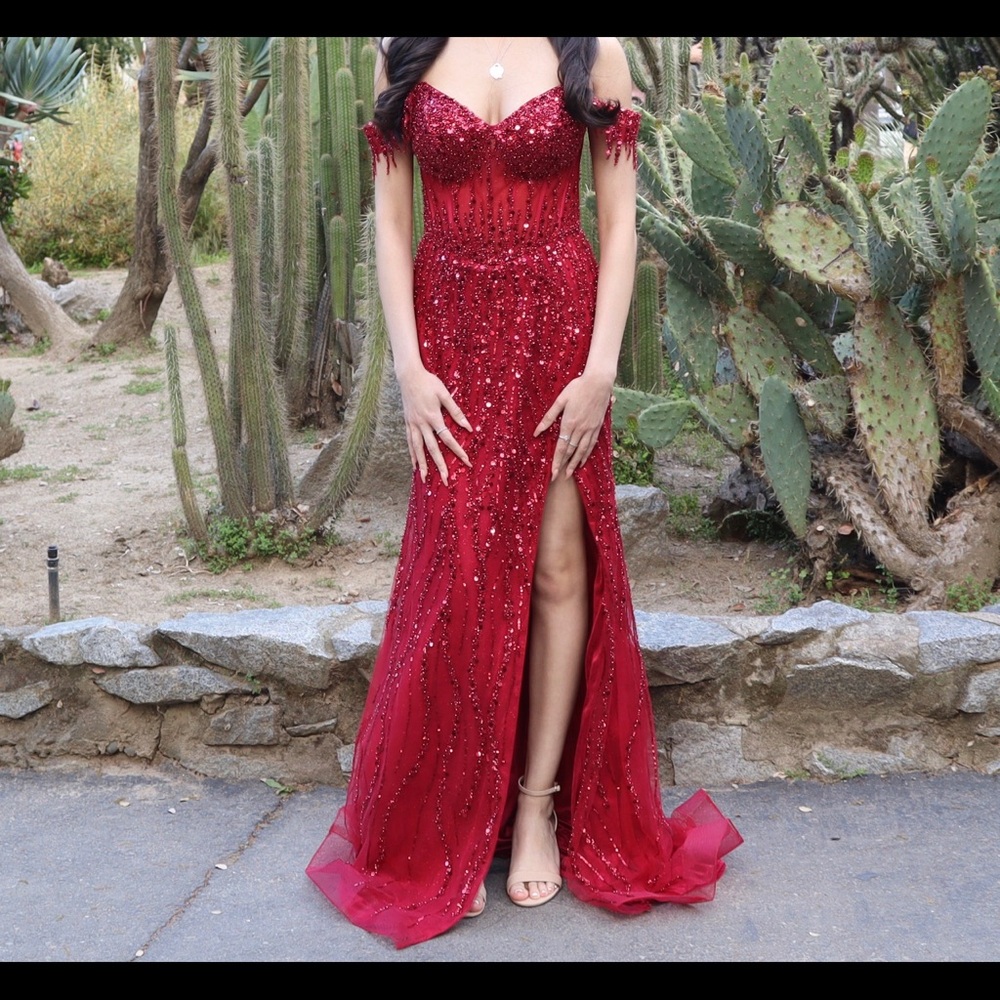 Sparkling Off-Shoulder Red Sequin Prom Gown